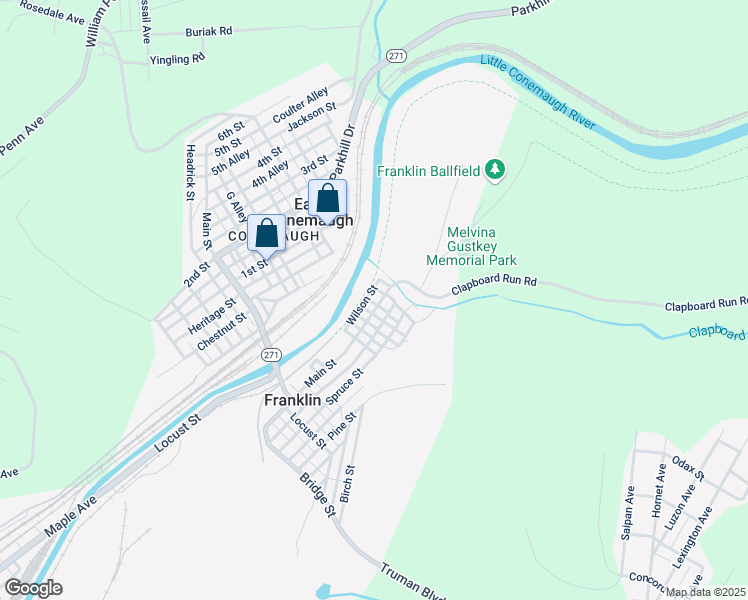map of restaurants, bars, coffee shops, grocery stores, and more near 101-109 Pipe Alley in Johnstown