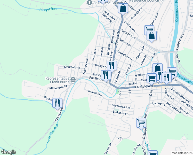 map of restaurants, bars, coffee shops, grocery stores, and more near 363-399 Fairfield Ave in Johnstown