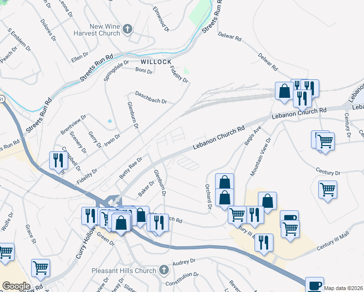 map of restaurants, bars, coffee shops, grocery stores, and more near 1308 Lebanon Church Road in Pittsburgh