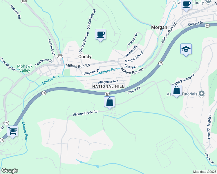 map of restaurants, bars, coffee shops, grocery stores, and more near 107 Campbell Avenue in Cuddy