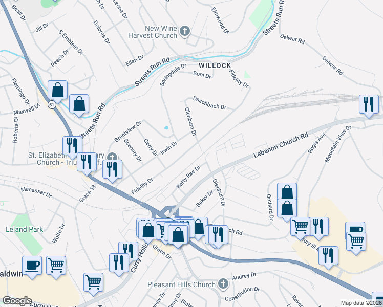 map of restaurants, bars, coffee shops, grocery stores, and more near 1004 Fidelity Drive in Pittsburgh