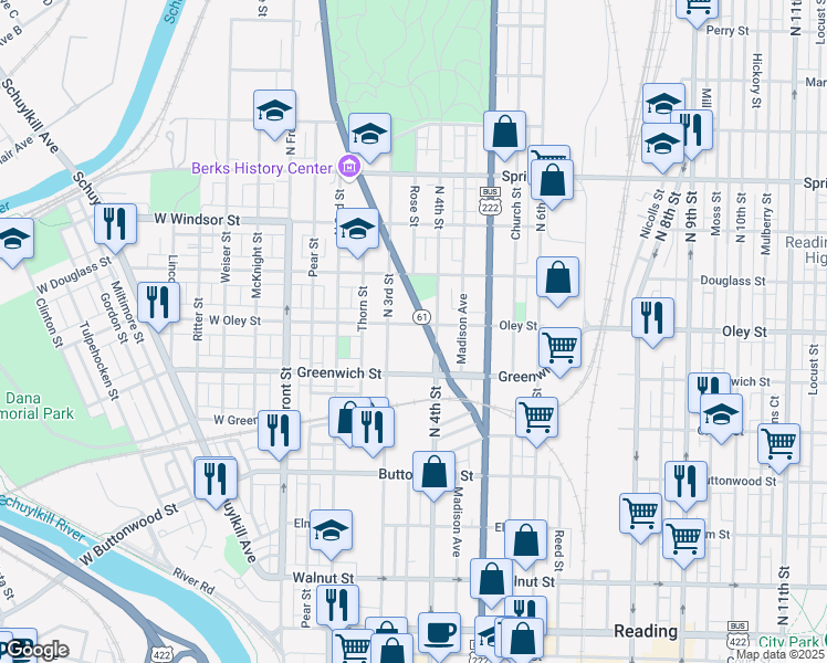 map of restaurants, bars, coffee shops, grocery stores, and more near 640 Centre Avenue in Reading