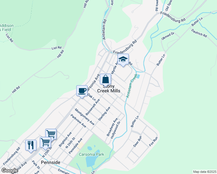 map of restaurants, bars, coffee shops, grocery stores, and more near in Stony Creek Mills