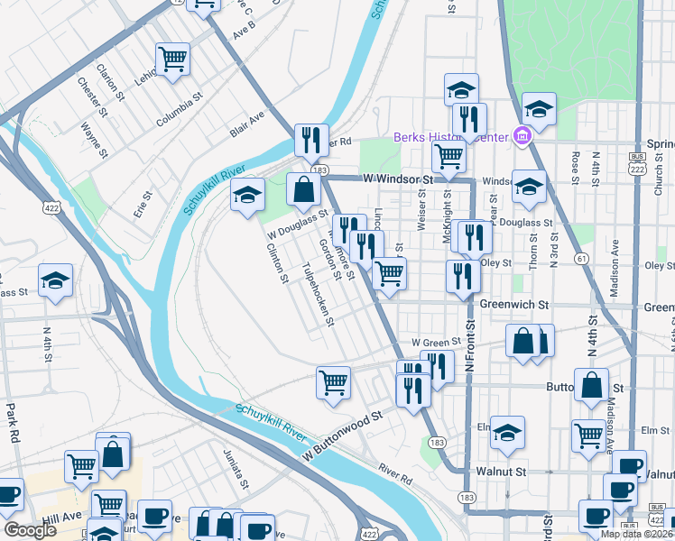 map of restaurants, bars, coffee shops, grocery stores, and more near 658 Gordon Street in Reading