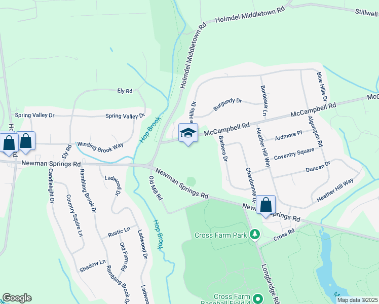 map of restaurants, bars, coffee shops, grocery stores, and more near 67 McCampbell Road in Holmdel