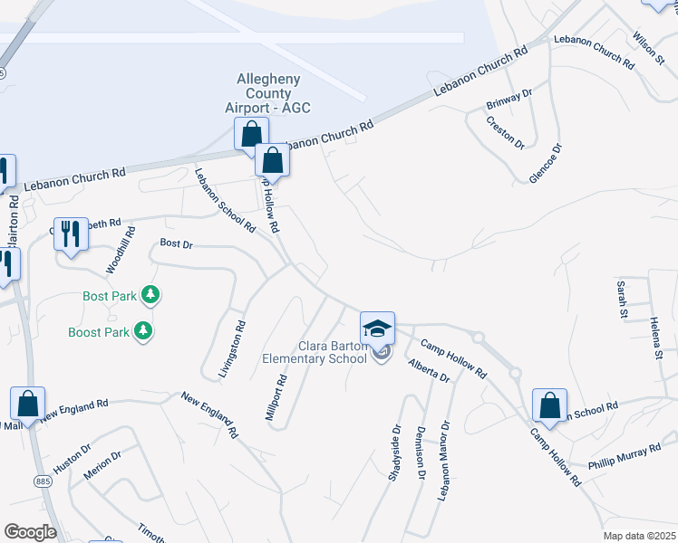 map of restaurants, bars, coffee shops, grocery stores, and more near 371 Camp Hollow Road in West Mifflin