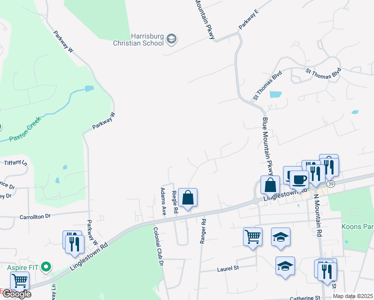 map of restaurants, bars, coffee shops, grocery stores, and more near 1600 Larry Ln in Harrisburg