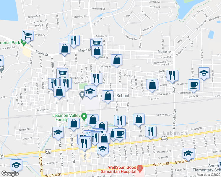 map of restaurants, bars, coffee shops, grocery stores, and more near Lehman St & New St in Lebanon