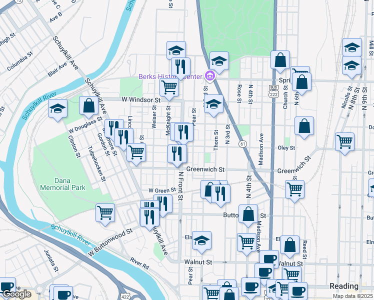 map of restaurants, bars, coffee shops, grocery stores, and more near 110 Oley Street in Reading
