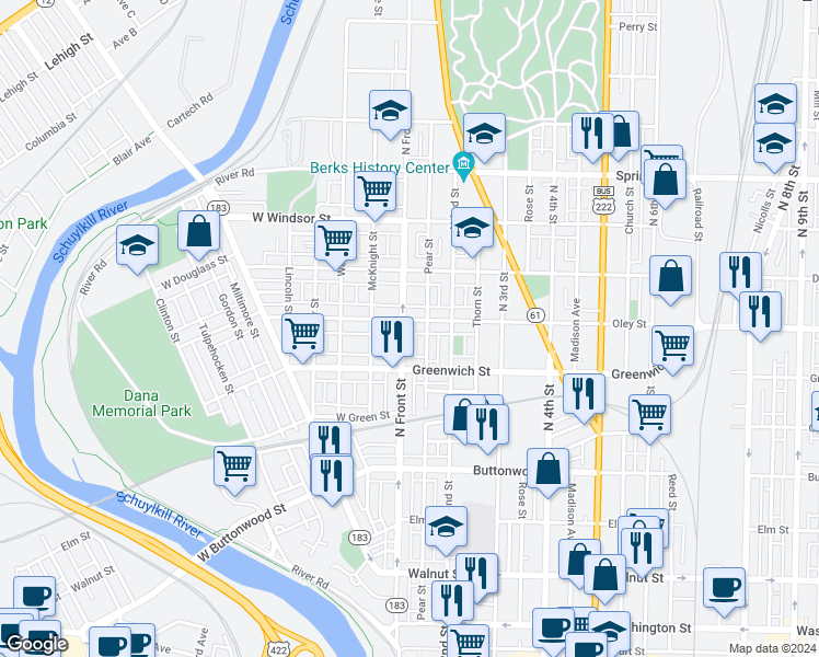 map of restaurants, bars, coffee shops, grocery stores, and more near 106 Oley Street in Reading