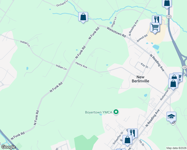 map of restaurants, bars, coffee shops, grocery stores, and more near 254 Henry Avenue in Boyertown