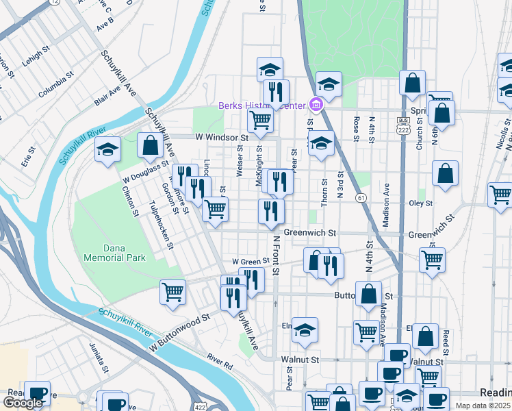 map of restaurants, bars, coffee shops, grocery stores, and more near 138 West Oley Street in Reading