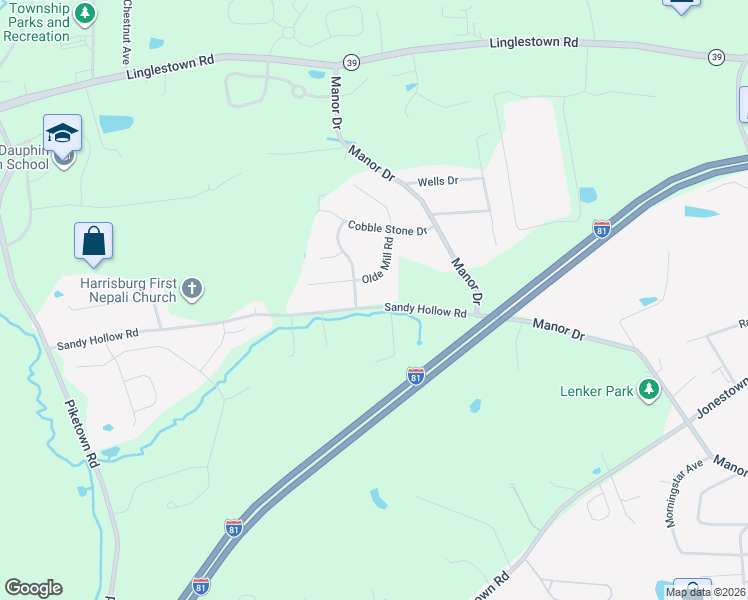 map of restaurants, bars, coffee shops, grocery stores, and more near 7312 Sandy Hollow Road in Harrisburg
