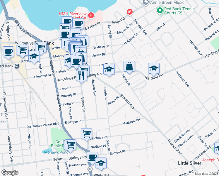 map of restaurants, bars, coffee shops, grocery stores, and more near 27 South Street in Red Bank