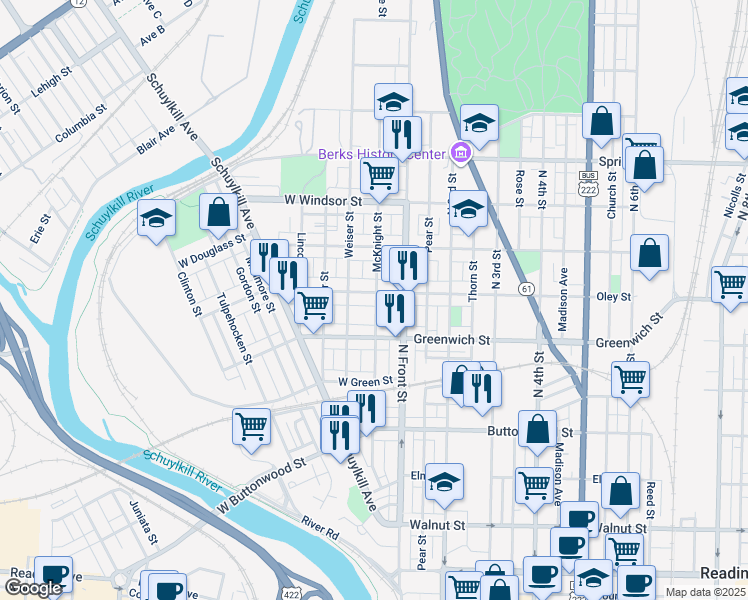 map of restaurants, bars, coffee shops, grocery stores, and more near 634 North Front Street in Reading