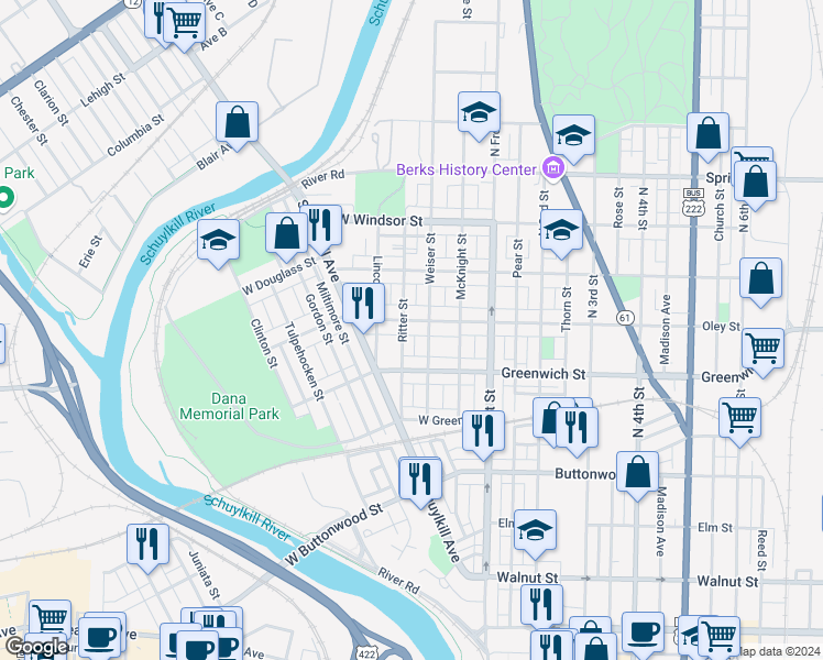 map of restaurants, bars, coffee shops, grocery stores, and more near 628 Ritter Street in Reading