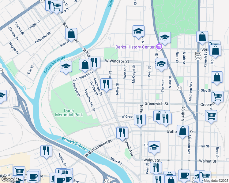map of restaurants, bars, coffee shops, grocery stores, and more near 628 Ritter Street in Reading