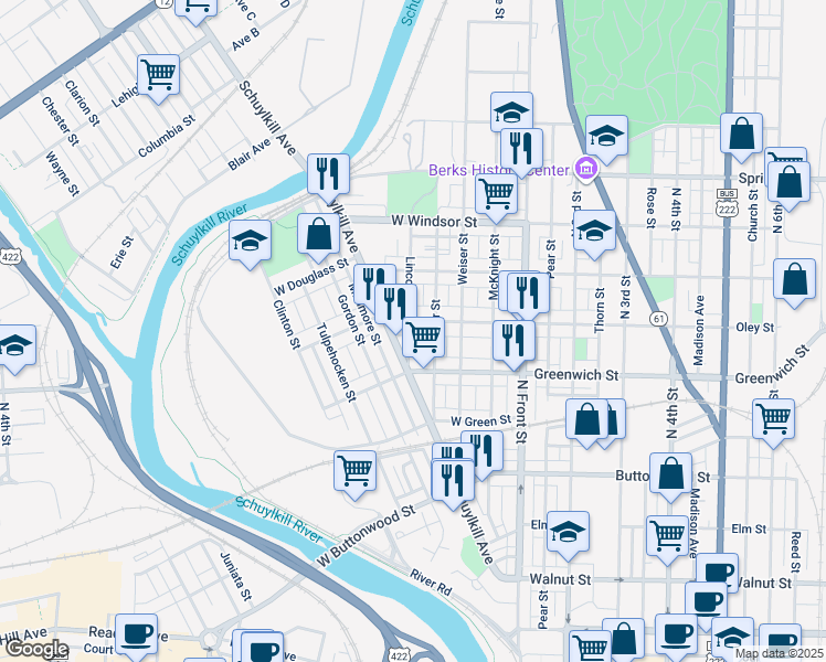 map of restaurants, bars, coffee shops, grocery stores, and more near 628 Ritter Street in Reading