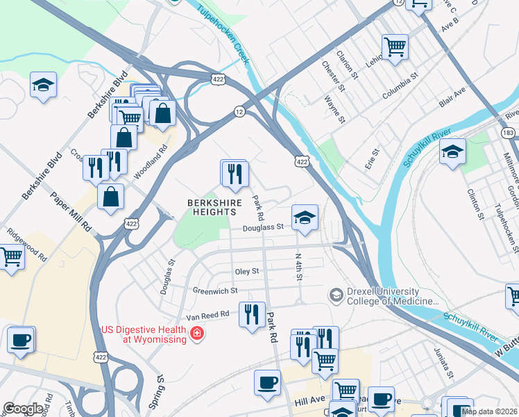 map of restaurants, bars, coffee shops, grocery stores, and more near 808 North Park Road in Wyomissing