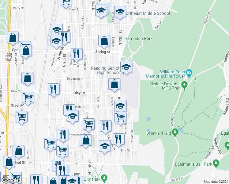 map of restaurants, bars, coffee shops, grocery stores, and more near 1241 Oley Street in Reading