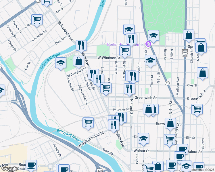map of restaurants, bars, coffee shops, grocery stores, and more near 628 Ritter Street in Reading