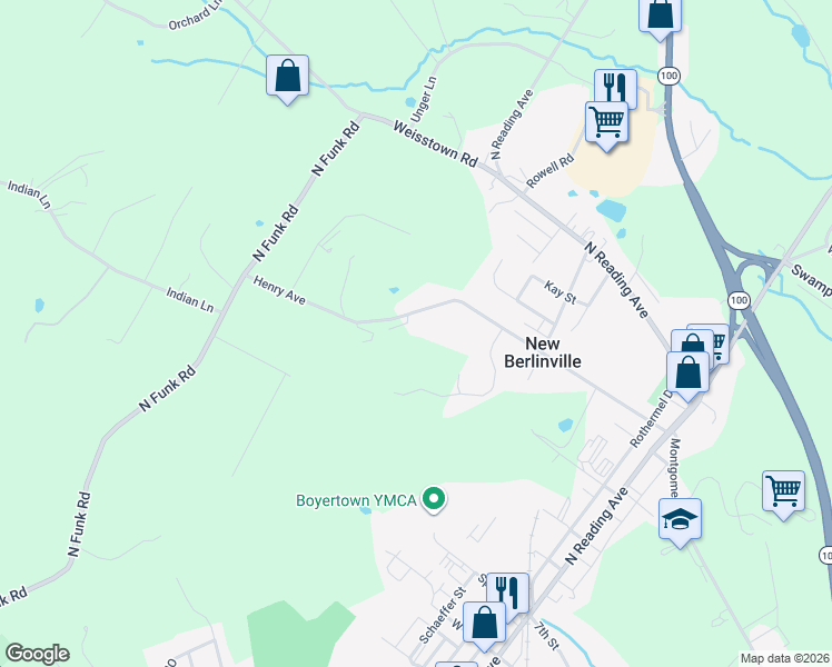 map of restaurants, bars, coffee shops, grocery stores, and more near 210 Henry Avenue in Boyertown