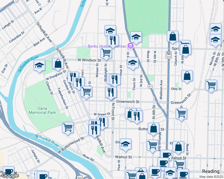 map of restaurants, bars, coffee shops, grocery stores, and more near 104 Oley Street in Reading