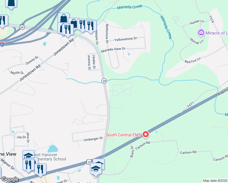 map of restaurants, bars, coffee shops, grocery stores, and more near 8100 Lenker Drive in Harrisburg