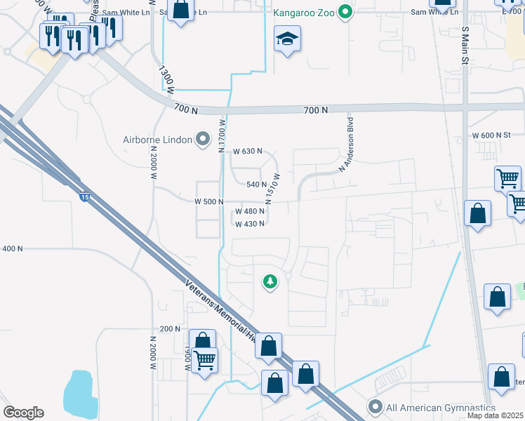 map of restaurants, bars, coffee shops, grocery stores, and more near 1596 West 480 North in Lindon
