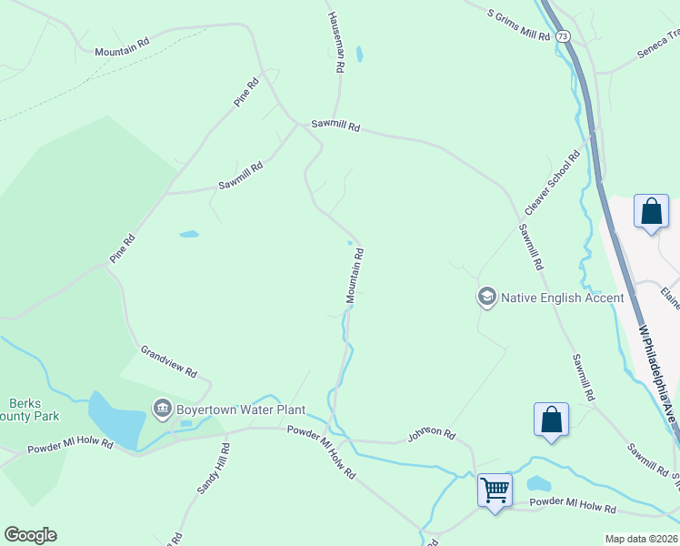 map of restaurants, bars, coffee shops, grocery stores, and more near 173 Mountain Road in Boyertown