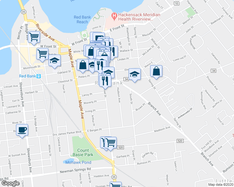 map of restaurants, bars, coffee shops, grocery stores, and more near 104 Hudson Avenue in Red Bank