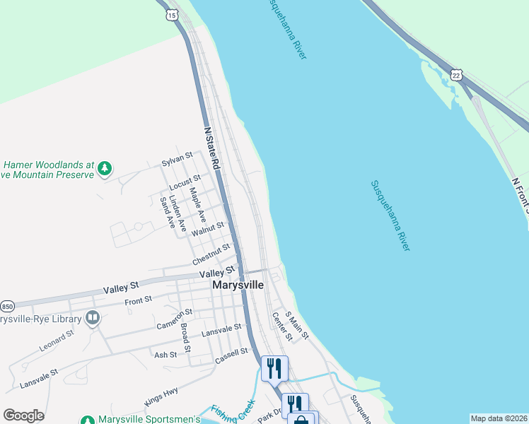 map of restaurants, bars, coffee shops, grocery stores, and more near 69 North Main Street in Marysville