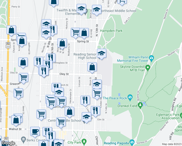 map of restaurants, bars, coffee shops, grocery stores, and more near 1231 Oley Street in Reading