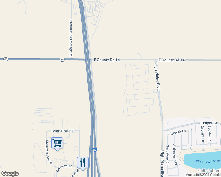 map of restaurants, bars, coffee shops, grocery stores, and more near 4050 County Road 50 in Johnstown