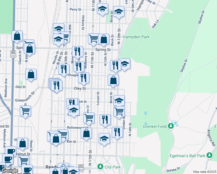 map of restaurants, bars, coffee shops, grocery stores, and more near 1214 Oley Street in Reading