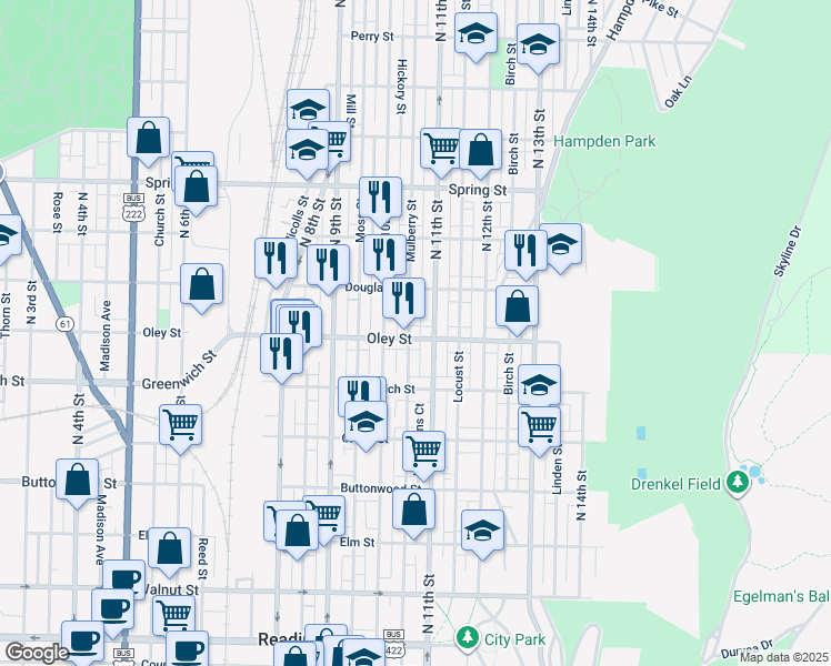 map of restaurants, bars, coffee shops, grocery stores, and more near 1031 Oley Street in Reading
