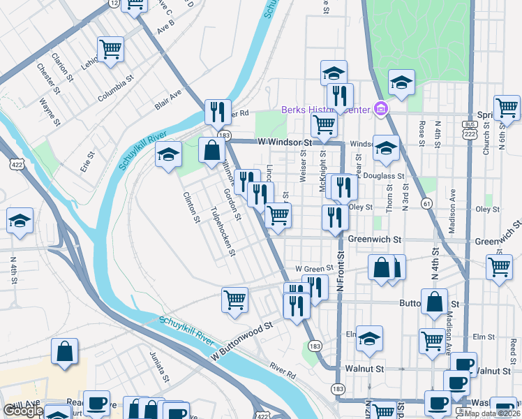 map of restaurants, bars, coffee shops, grocery stores, and more near 636 Schuylkill Avenue in Reading