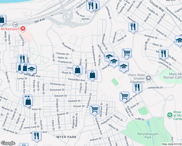 map of restaurants, bars, coffee shops, grocery stores, and more near 3318 Oakland Street in McKeesport