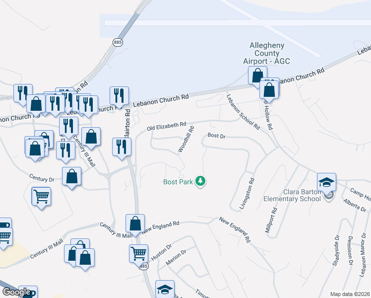 map of restaurants, bars, coffee shops, grocery stores, and more near 317 Bluemont Drive in West Mifflin