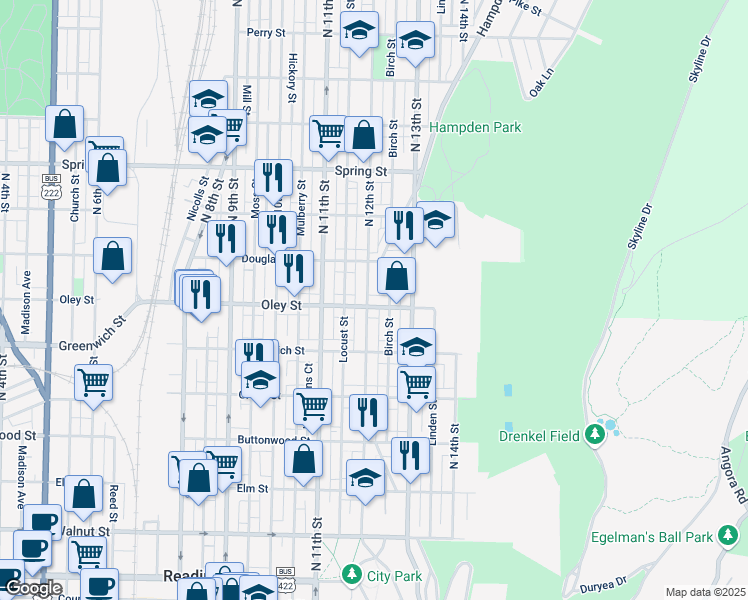map of restaurants, bars, coffee shops, grocery stores, and more near 1207 Oley Street in Reading