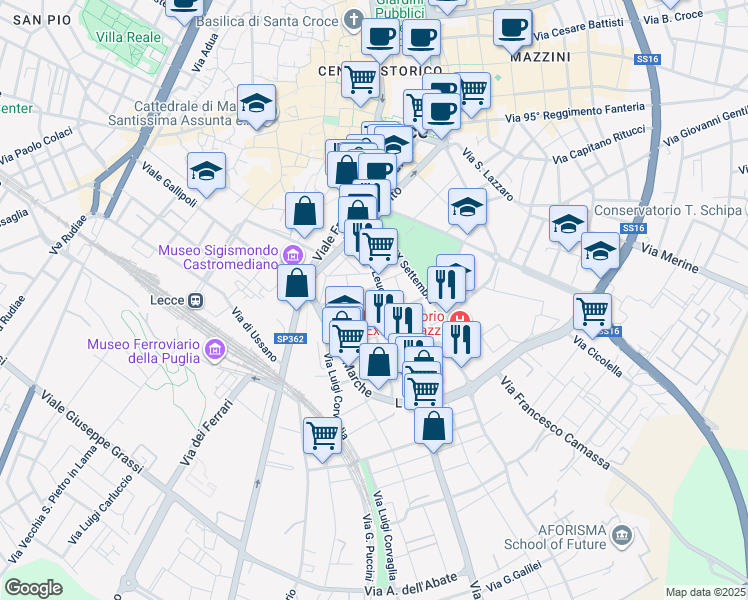 map of restaurants, bars, coffee shops, grocery stores, and more near 1-17 Via Luisa Amalia Paladini in Lecce