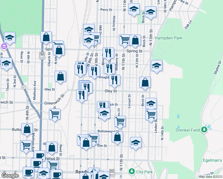 map of restaurants, bars, coffee shops, grocery stores, and more near 1007 Oley Street in Reading
