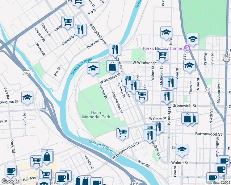 map of restaurants, bars, coffee shops, grocery stores, and more near 523 West Oley Street in Reading