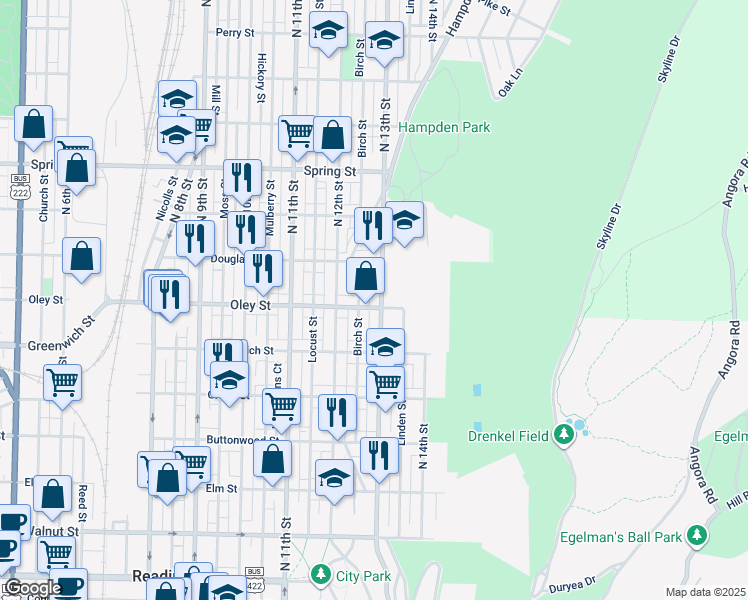 map of restaurants, bars, coffee shops, grocery stores, and more near 708 North 13th Street in Reading
