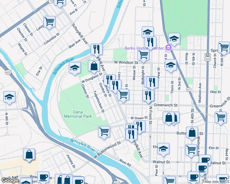 map of restaurants, bars, coffee shops, grocery stores, and more near 636 Schuylkill Avenue in Reading