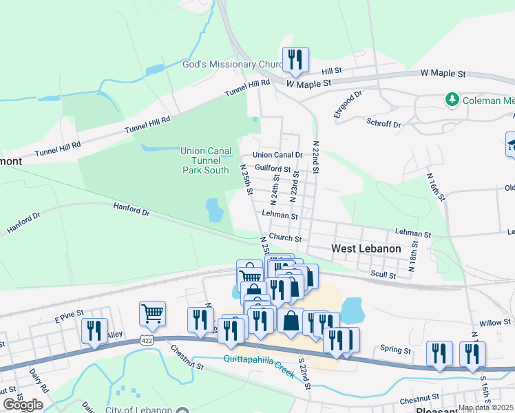 map of restaurants, bars, coffee shops, grocery stores, and more near 2414 Lehman Street in Lebanon