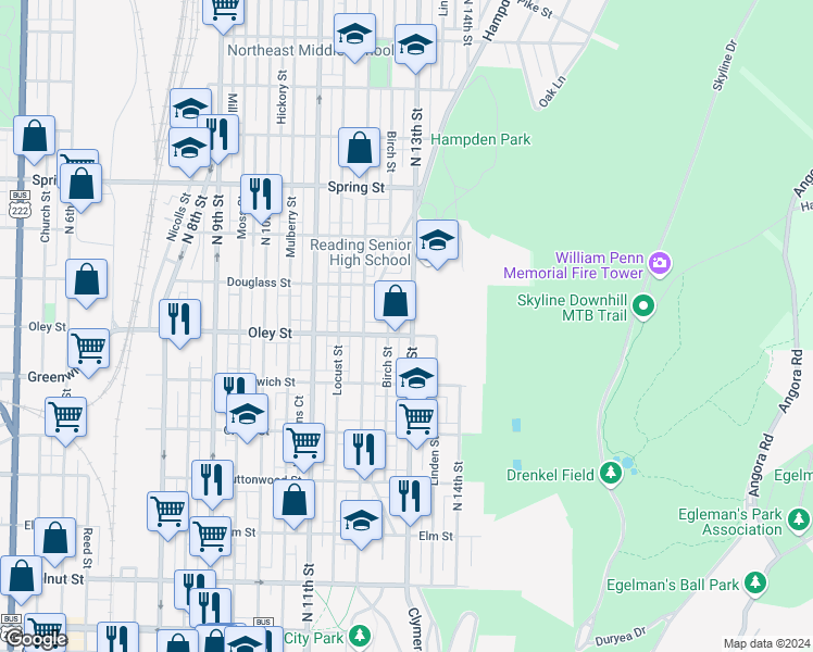 map of restaurants, bars, coffee shops, grocery stores, and more near 708 North 13th Street in Reading