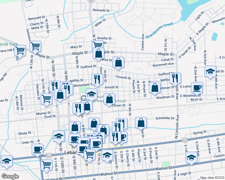 map of restaurants, bars, coffee shops, grocery stores, and more near 404 New Street in Lebanon