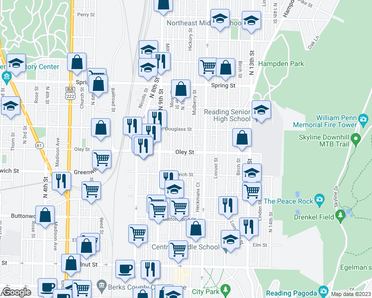 map of restaurants, bars, coffee shops, grocery stores, and more near 1007 Oley Street in Reading