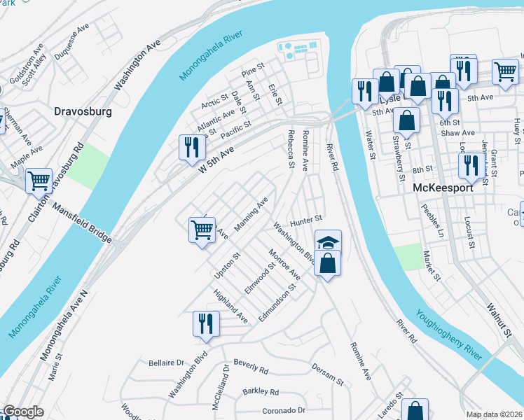 map of restaurants, bars, coffee shops, grocery stores, and more near 588 Upston Street in McKeesport